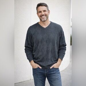 Northern Isles Cotton Sweater XXL Gray Grandpacore Classic V-Neck Argyle vintage